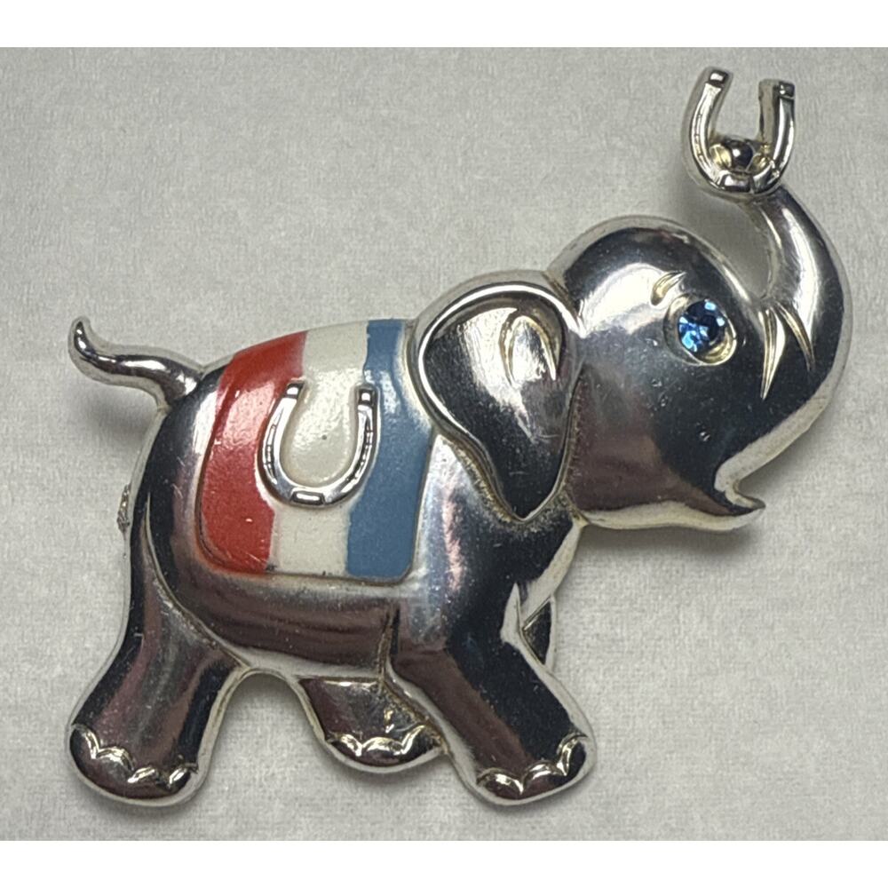 Vintage Silver Tone Republican Elephant Holding a Horseshoe Brooch PB146